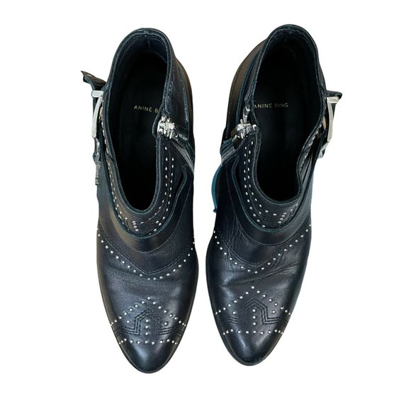 Anine Bing Bianca Leather Studded Accents Ankle Boots Black 6 36 Buckle Harness - Picture 9 of 12